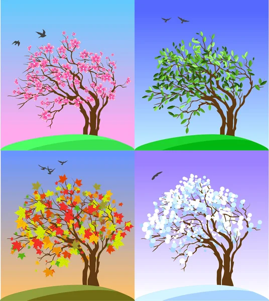 Banners de cuatro estaciones con árboles y colinas abstractos - Ilustración vectorial — Archivo Imágenes Vectoriales