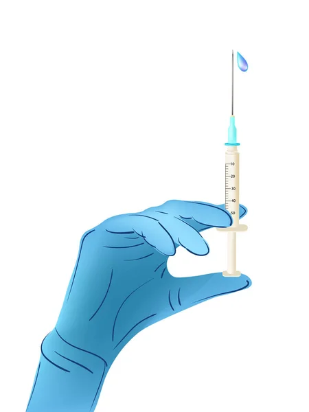 Инжекторный брызг с вакциной в руках врача — стоковый вектор