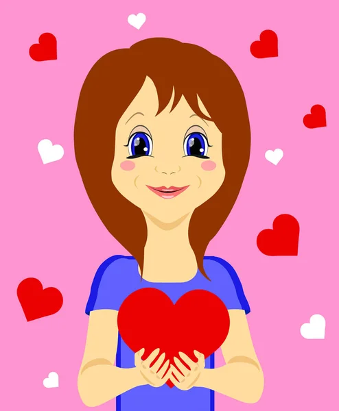 Linda chica con el corazón en sus manos aisladas en el fondo rosa — Vector de stock