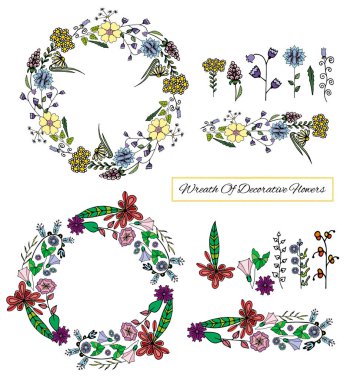 Çelenkli romantik çiçek koleksiyonu, çim yaprağı, yapraklar, bukleler