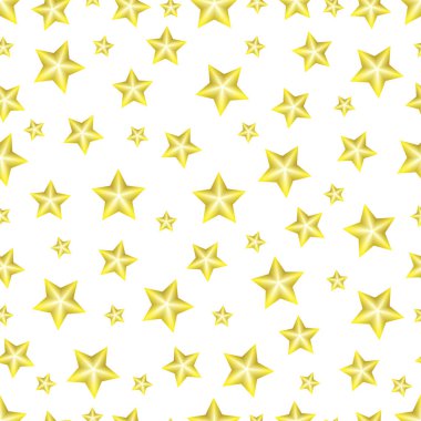 Beyaz izole bir zemin üzerinde sarı hacimli yıldızların kusursuz deseni. Vektör çizimi. Yazıcıda, arka planda, web sitelerinde, giysi baskılarında kullanılabilir.