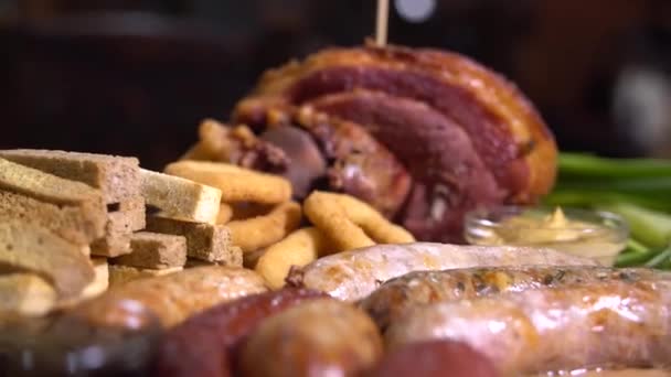 Grill Smocked Barbecue Pork Steak Sausages Beer Plate Delicious Meat — Stock Video