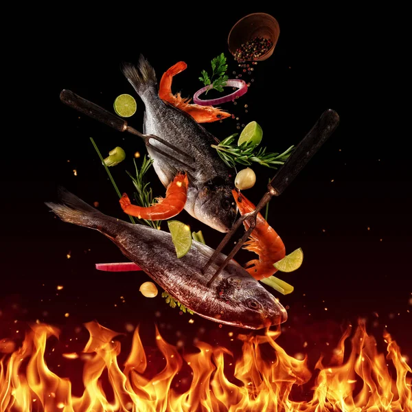 Flying Raw Sea Bream Fish Grill Flames Isolated Black Background — Stock Photo, Image