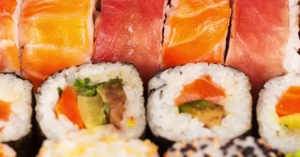 Varios Tipos Piezas Sushi Movimiento Efecto Deslizante — Vídeo de stock