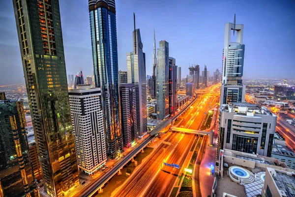 Dubai Puesta Sol Vista Panorámica Burj Khalifa Con Sheike Zayed —  Fotos de Stock