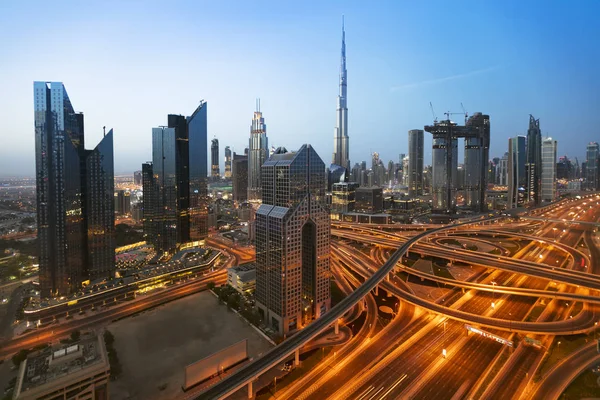 Dubai Puesta Sol Vista Panorámica Burj Khalifa Con Sheike Zayed — Foto de Stock