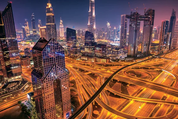 Dubai Sonnenuntergang Panoramablick Auf Den Burj Khalifa Mit Sheike Zayed — Stockfoto