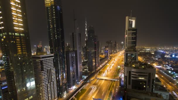 Night Time Lapse Modern Downtown Dubai Moving Blur Cars — Stock Video