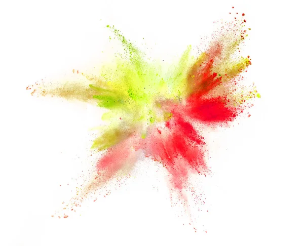 Explosie Van Gekleurd Poeder Geïsoleerd Een Witte Achtergrond Abstracte Achtergrond — Stockfoto