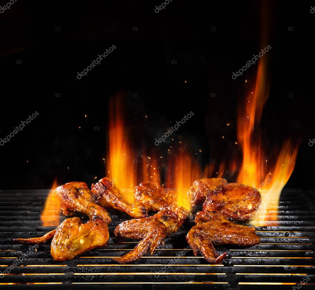 Delicious Pieces Chicken Meat Grill Fire Flames Isolated Black