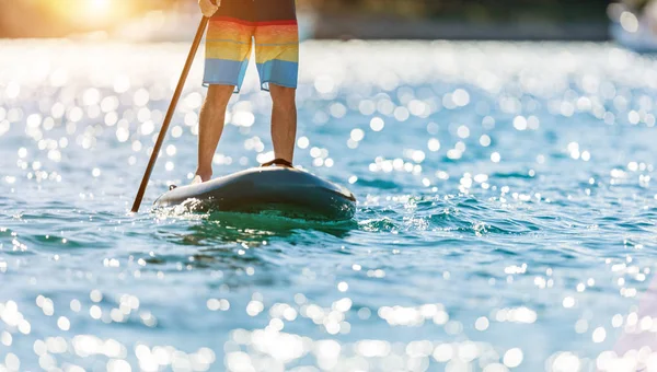 Detail Young Man Standing Paddleboard Paddleboarding Modern Way Transportation Water — Stock Photo, Image