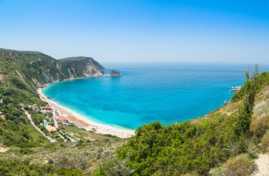 Güzel panoramik Myrtos Beach, Kefalonia, Yunanistan