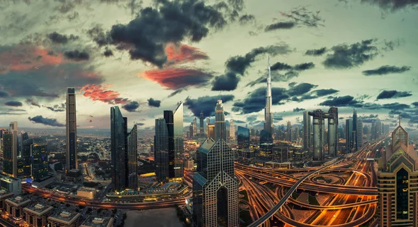 Dubai Naplemente Panorámás Kilátás Nyílik Belvárosra Dubai Szuper Modern Város — Stock Fotó