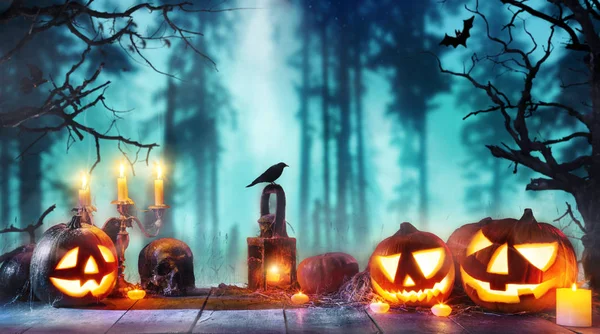 Straszny Horror Tło Dyni Halloween Jack Spychaczem Umieszczone Drewniany Taras — Zdjęcie stockowe