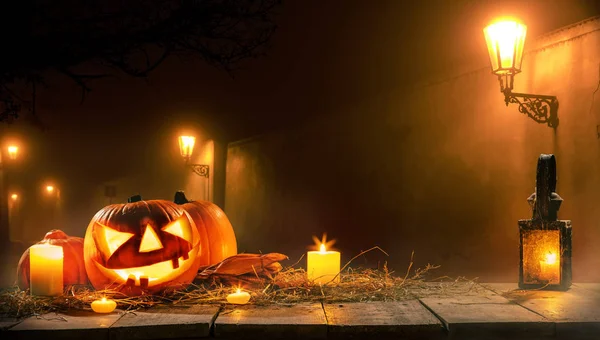Korkunç Korku Arka Plan Ile Halloween Balkabağı Jack Fener Ahşap — Stok fotoğraf