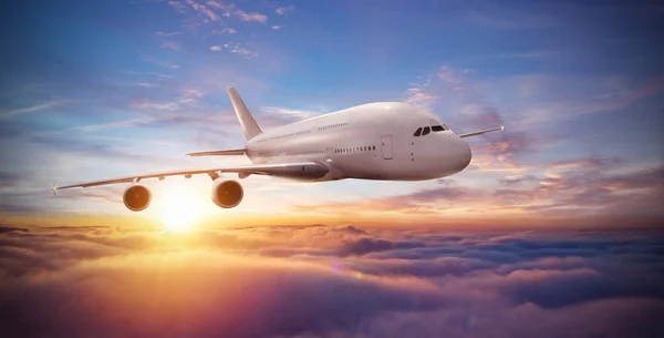 Huge Two Storey Passengers Commercial Airplane Flying Clouds Sunset Light — Stock Photo, Image