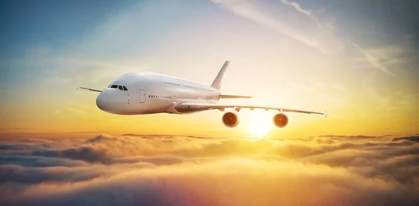 Huge Two Storey Passengers Commercial Airplane Flying Clouds Sunset Light Royalty Free Stock Photos