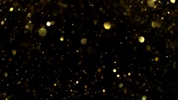 金光闪闪的粒子在黑色背景上的超级慢动作 聚焦深度较小 用高速摄像机拍摄 每秒1000帧 — 图库视频影像