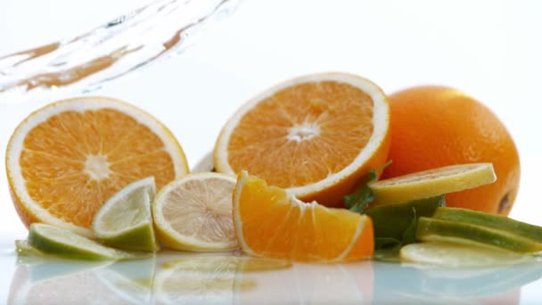 Super Slow Motion Limes Oranges Lemons Water Splash White Background — Stock Video