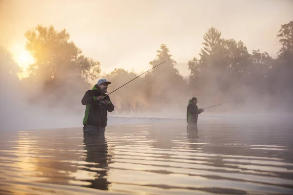 Fishermen Holding Fishing Rod Standing River Beautiful Sunrise Light Outdoor — Stock Photo, Image