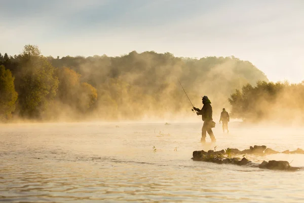 Fishermen Holding Fishing Rod Standing River Beautiful Sunrise Light Outdoor — Stock Photo, Image