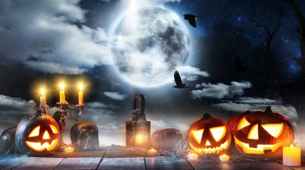 Spooky Halloween Pumpa Placeras Träplankor Skrämmande Halloween Bakgrund Med Ledigt — Stockfoto