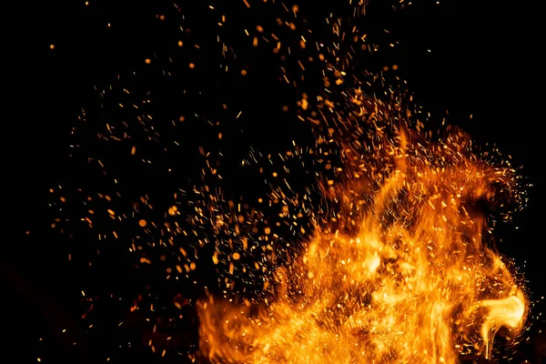 Feuer Funkt Partikel Mit Flammen Isoliert Auf Schwarzem Hintergrund — Stockfoto