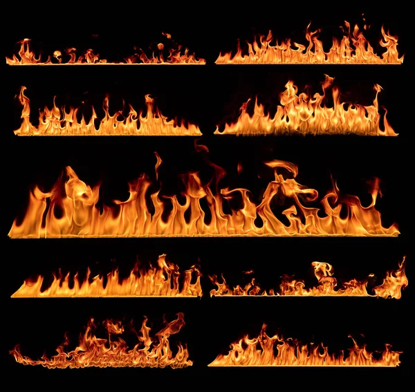 Texturen Der Flammen Isoliert Auf Schwarzem Hintergrund Sehr Hoch Aufgelöstes — Stockfoto