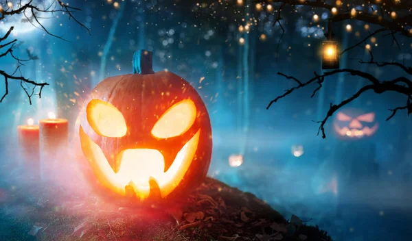 Zucche Halloween Spettrali Nella Foresta Spaventoso Sfondo Halloween Con Spazio — Foto Stock