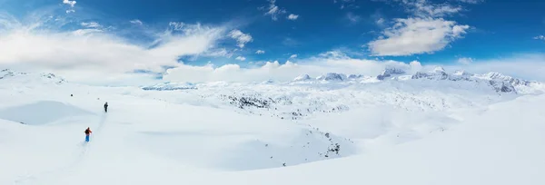 Grupp Skialpinists Promenader Alplandskapet Vinteraktiviteter Och Fritid Umgås — Stockfoto