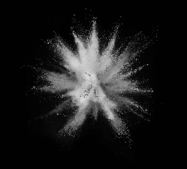 Έκρηξη Λευκής Σκόνης Που Απομονώνεται Μαύρο Φόντο — Φωτογραφία Αρχείου