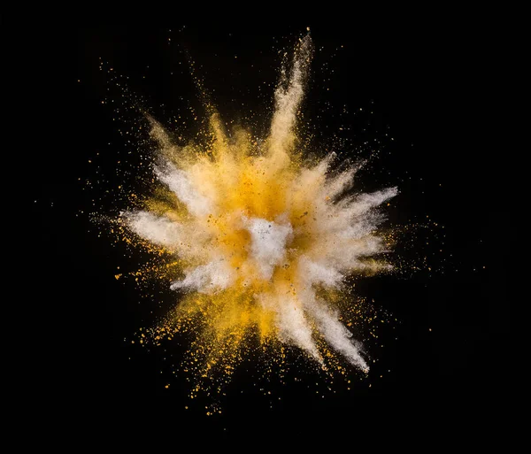 Explosion Von Gelbem Pulver Isoliert Auf Schwarzem Hintergrund Abstrakter Farbiger — Stockfoto
