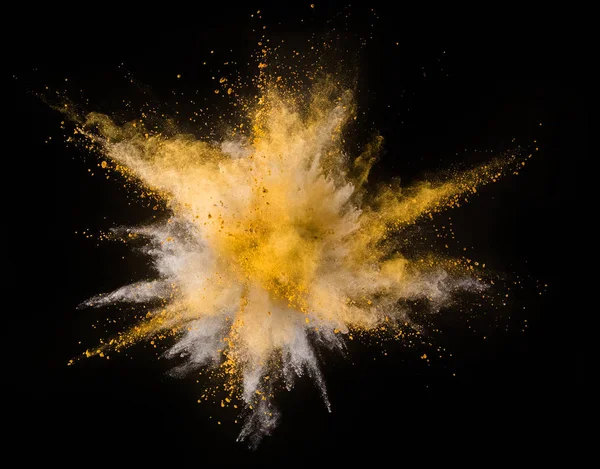 Explosion Poudre Jaune Isolée Sur Fond Noir Fond Coloré Abstrait — Photo