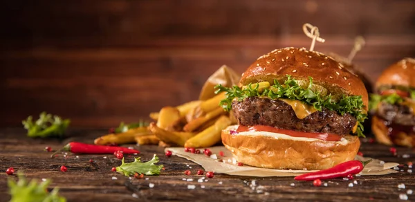 Delicious Hamburger Fries Served Wood Free Space Text — Stock Photo, Image