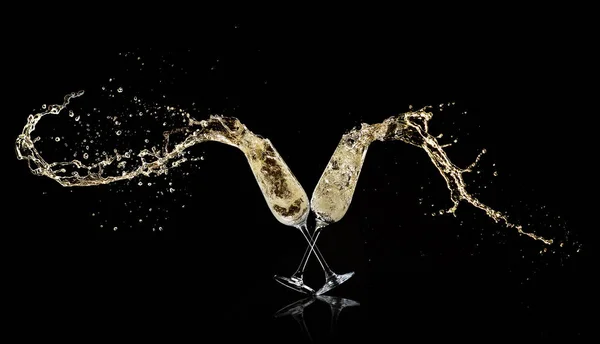 Goblets Champagne Wine Splashing Out Isolated Black Background Celebration New — Stock Photo, Image