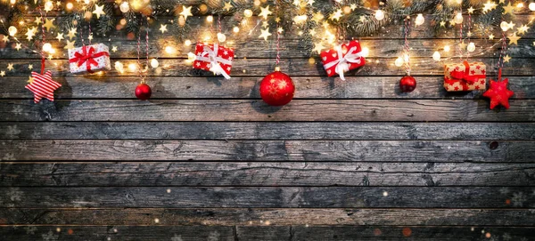 Decorative Christmas rustic background with wooden planks. Free space for text.