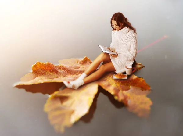 Joven Morena Leyendo Libro Flotando Hoja Concepto Cuento Hadas Otoño — Foto de Stock