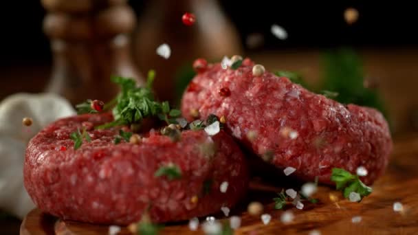 Szuper Lassú Esés Fűszerek Darált Marhahús Hamburger Hús Forgatták Nagy — Stock videók