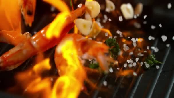 Super Slow Motion Falling Prawns Flames Filmed High Speed Cinema — Stock Video