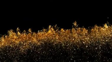 Süper ağır çekim altın ışıltılı, parçacıklar siyah arka plan üzerine, odak derinliği sığ. Yüksek hız sinema Kamerası, 1000 fps üzerinde filme.
