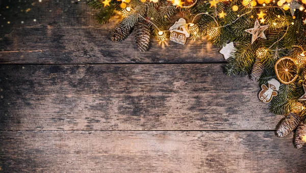 Fondo Rústico Navideño Decorativo Con Bombillas Tablones Madera Concepto Celebración — Foto de Stock