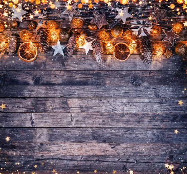 Fondo Rústico Navideño Decorativo Con Bombillas Tablones Madera Concepto Celebración — Foto de Stock