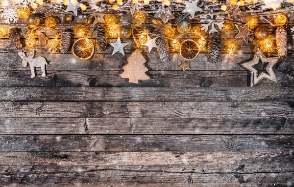 Fondo Rústico Navideño Decorativo Con Bombillas Tablones Madera Concepto Celebración — Foto de Stock