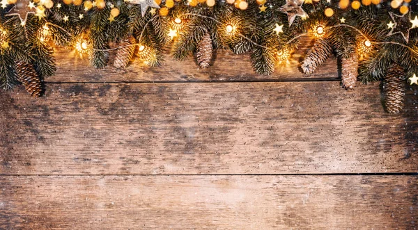 Fondo Rústico Navideño Decorativo Con Bombillas Tablones Madera Concepto Celebración — Foto de Stock