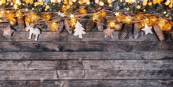 Fondo Rústico Navideño Decorativo Con Bombillas Tablones Madera Concepto Celebración — Foto de Stock