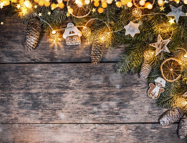 Διακοσμητικά Χριστουγεννιάτικα Ρουστίκ Φόντο Λάμπες Φωτός Στις Ξύλινες Σανίδες Γιορτή — Φωτογραφία Αρχείου