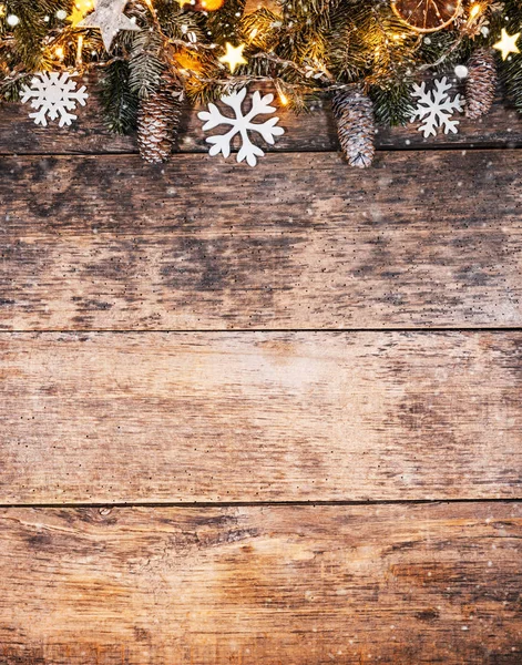 Dekorativní Vánoční Rustikální Pozadí Žárovky Dřevěných Prken Oslava Rekreační Pojetí — Stock fotografie