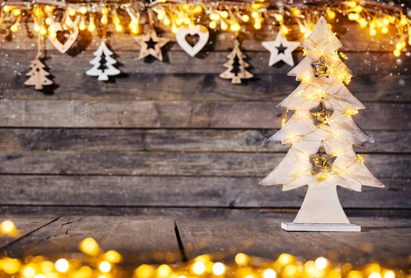 Sfondo Rustico Natalizio Con Decorazione Legno Albero Natale Spazio Libero — Foto Stock