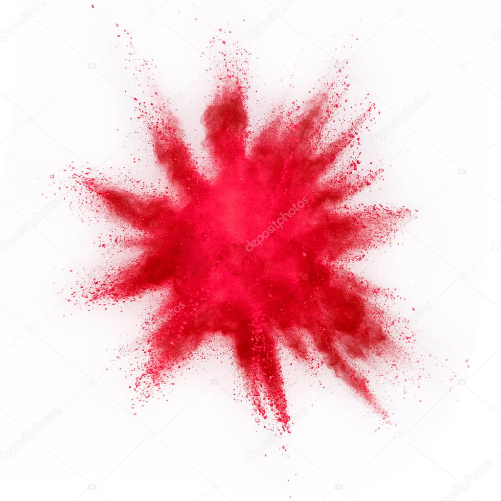 Explosion of red powder isolated on white background. Abstract colored background