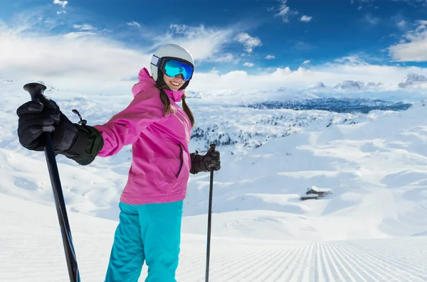 Young Caucasian Woman Skier European Alps Winter Sports Leasure Activities — Stock Photo, Image